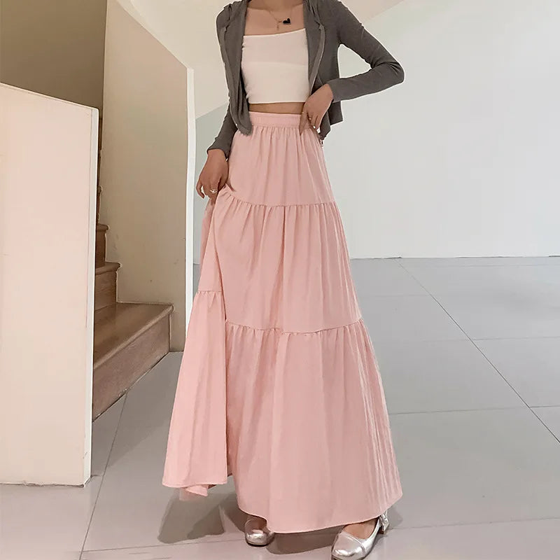 maoxiangshop New White Long Skirts for Women Summer Y2k Clothes Korean Fashion High Waist Harajuku Elegant Casual Dance Pink Skirt Woman 2024