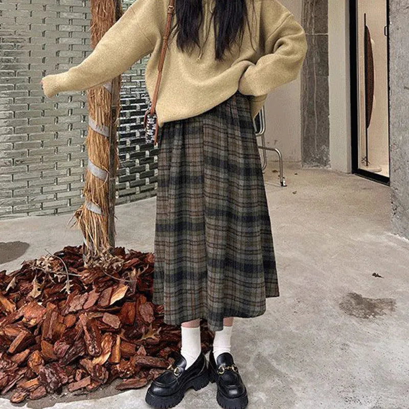 maoxiangshop Autumn Winter Woolen Plaid Skirt for Women Vintage High Waist Midi Skirts Woman A-Line Pleated Long Skirts Female