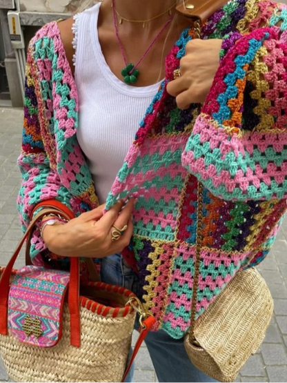 maoxiangshop -  Colorful Knit Hollow Out Cardigan For Women Open Front Loose Long Sleeve Sweater Tops Spring Autumn Chic High Streetwear