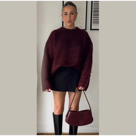 maoxiangshop  -  Autumn Vintage O-neck Solid Color Women's Sweater Casual Long Sleeved Loose Pullover 2024 New Minimalist Style High Streetwear