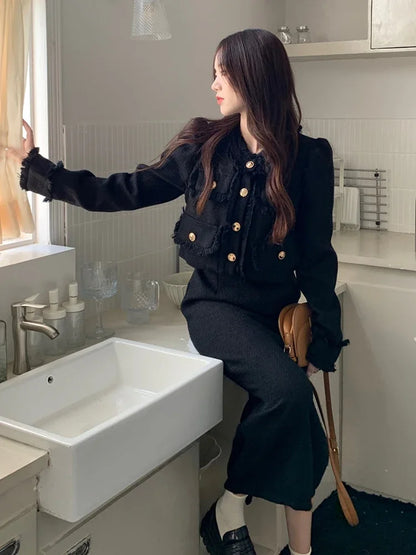Spring Casual Tow Piece Sets Women White Short Tweed Jacket + Fashion Korean Long Skirt Female Elegant Chic Slim Sweet Suit