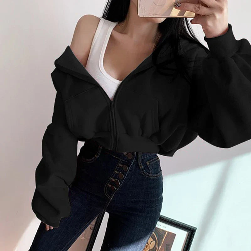 maoxiangshop Short Hoodies Women Solid Color Lady Sweatshirt Tracksuit Long Sleeve Female Crop Top Fashion Korean Clothes Harajuku