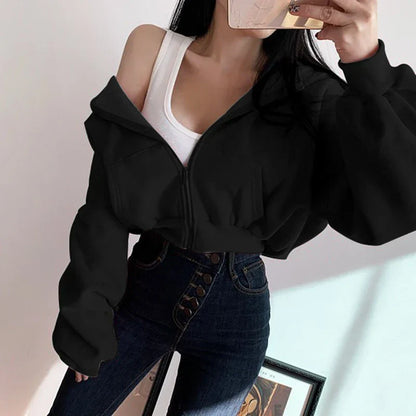 maoxiangshop Short Hoodies Women Solid Color Lady Sweatshirt Tracksuit Long Sleeve Female Crop Top Fashion Korean Clothes Harajuku