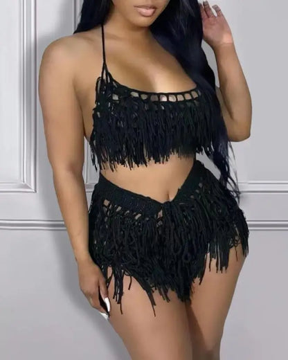 maoxiangshop Sexy Womens Two Piece Sets Outfit Spaghetti Strap Crop Crochet Top & Tassel Design Shorts Set New Fashion Summer Casual