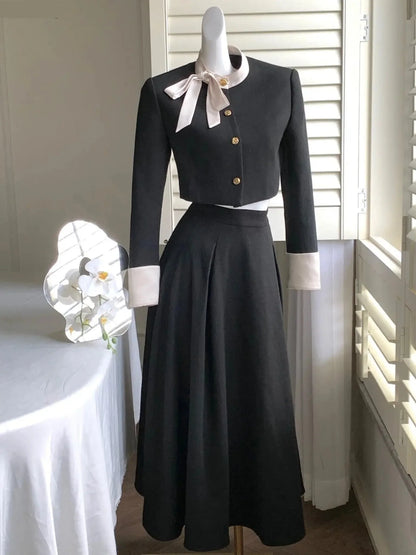 Fashion Hight Waist Skirt 2 Piece Set Korean Elegant Single Breasted Short Coat Outfits Women Princess Evening Party Clothes