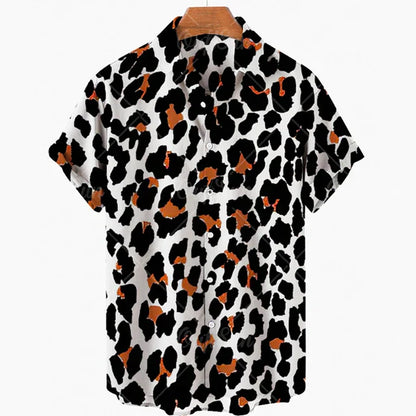 maoxiangshop Short Sleeve Leopard Men's Shirts For Man Clothing Hawaiian Fashion 3D Print Thin Lapel Floral Casual Oversized Imported Camisa