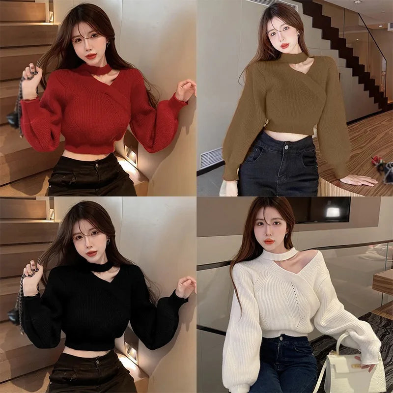 maoxiangshop Women Christmas Sweater Autumn Winter Long Sleeved Sweater Warm V-neck Off Shoulder