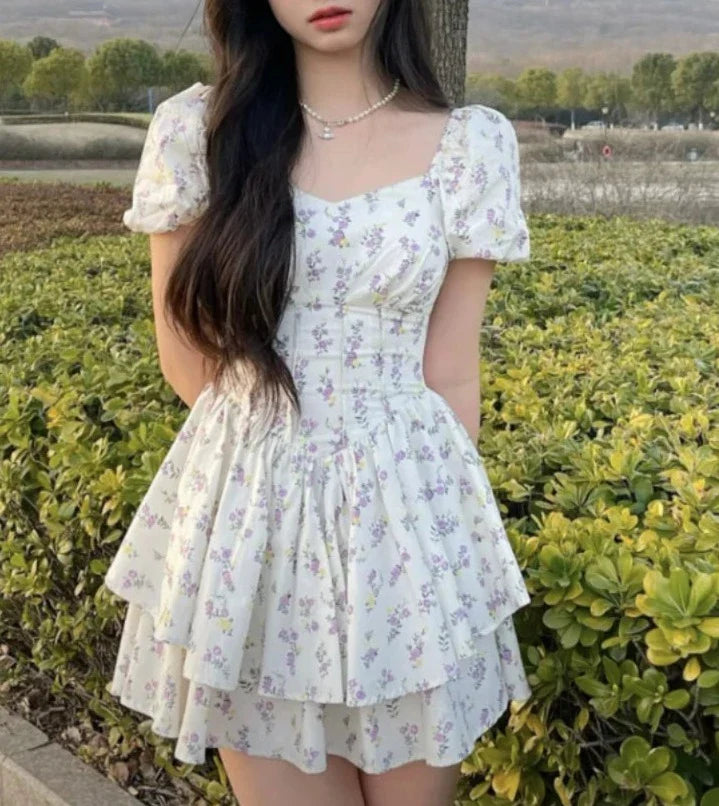 maoxiangshop High Waist Dress Women Summer Floral Sweet Square Collar Puff Sleeve Princess Girlish Tender Elegant Korean Style Preppy Chic