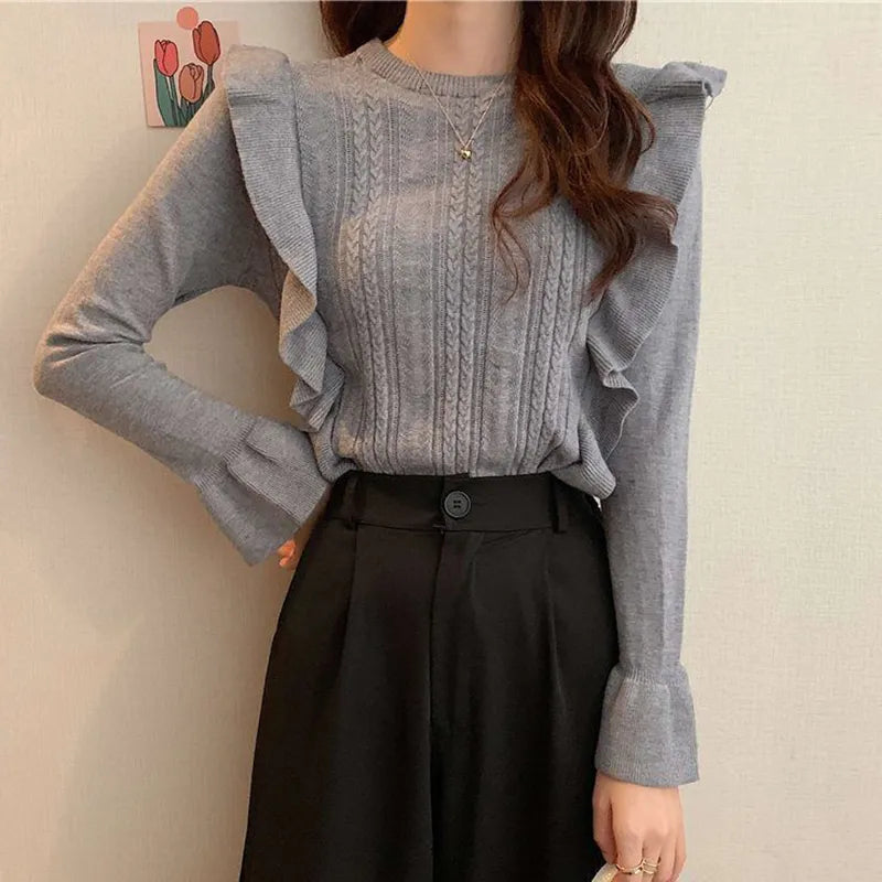 maoxiangshop Ruffles Long Sleeve Sweaters for Women Solid Color Round Neck Knitted Woman Jumper Autumn Winter All Match Soft Sweater