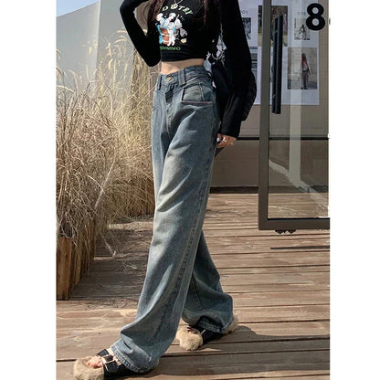 Women's American Vintage Blue Jeans High Waist Autumn Fashion Streetwear Wide Leg Pants Female Straight Denim Trousers