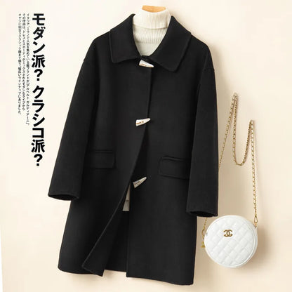 100% Wool Handmade Double-Sided Fabric, Unique Mid Length Women's Winter Winter Coat, High Street Elegant Button Fashion Top