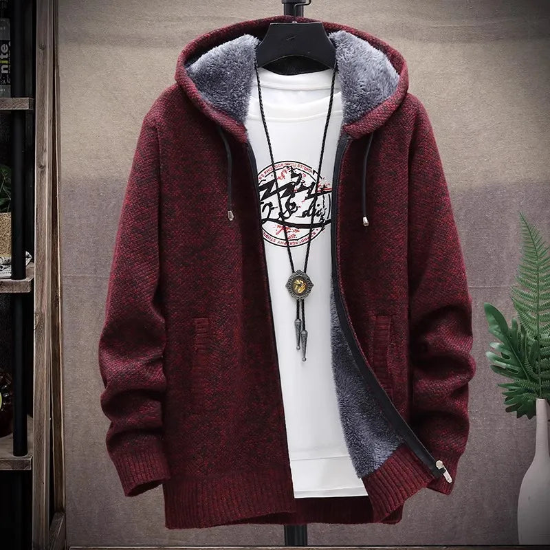 maoxiangshop Men‘s Hooded Cardigan Knitted Sweater Winter Thick Fleece Warm Casual Knitwear Coat Solid Color Cardigan Men Hooded Sweaters