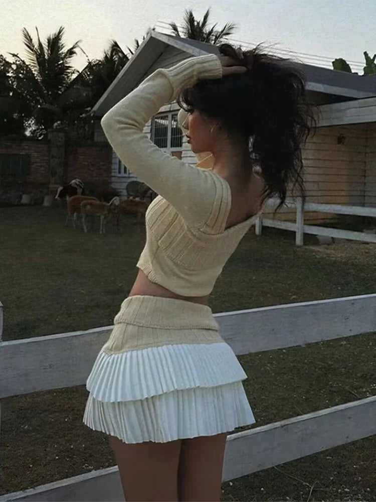 maoxiangshop  -  Sexy Knitted Double Layered Pleated Mini Skirt Women Elegant Sweet High Waist Cake Short Skirts Fluffy Autumn Street Party