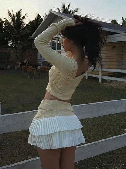 maoxiangshop  -  Sexy Knitted Double Layered Pleated Mini Skirt Women Elegant Sweet High Waist Cake Short Skirts Fluffy Autumn Street Party