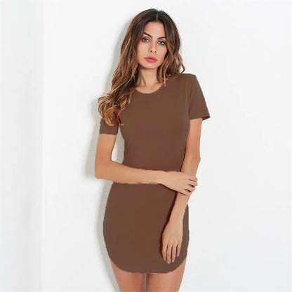 maoxiangshop Summer Women Short Sleeve Dresses Ladies Solid Color O-Neck Bodycon Stretch Slim Mini Dress Vestidos