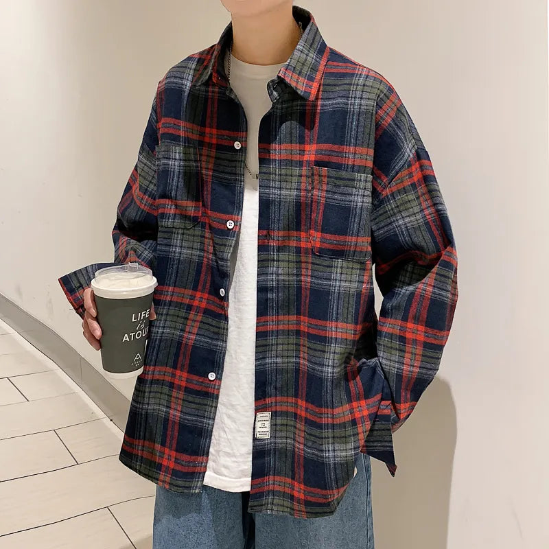 maoxiangshop Harajuku Long Sleeve Plaid Shirts Men Big Size M-5XL Autumn Chic Loose Vintage High Street All-match Gentleman Camisa