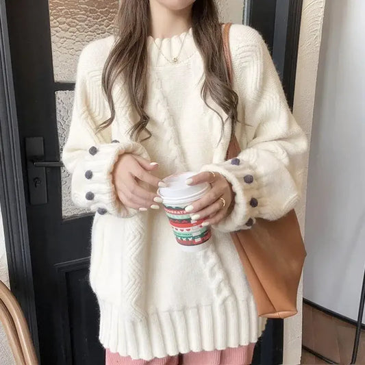 Vintage Women Sweater Korean Fashion Long Sleeve Knitted Pullover Loose Solid Color Twist Knitwear Autumn Winter Casual