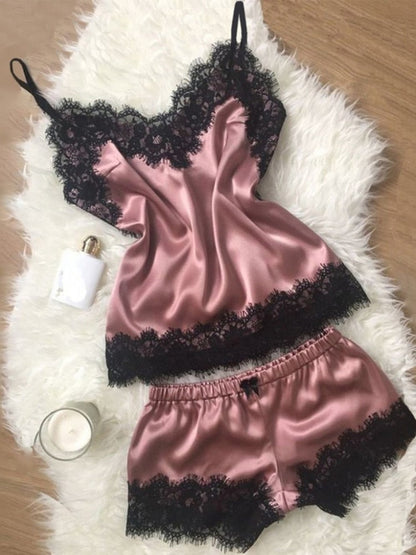 maoxiangshopWomen Pajamas Silk Sexy Pajamas Suit Black Lace V-neck Pajamas Suspender Top and Shorts Lace Pajamas Suit Dress Slim