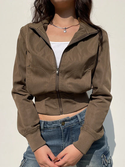 Brown Zip Up Stand Collar Pockets Long Sleeve Cargo Jackets Women Vintage Casual Streetwear