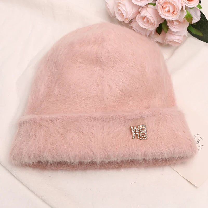 maoxiangshop New Fashion Rabbit Fur Y2k Beanies for Women Soft Warm Fluffy Angola Winter Hat Female Windproof Bonnet Hat Skullies Cap