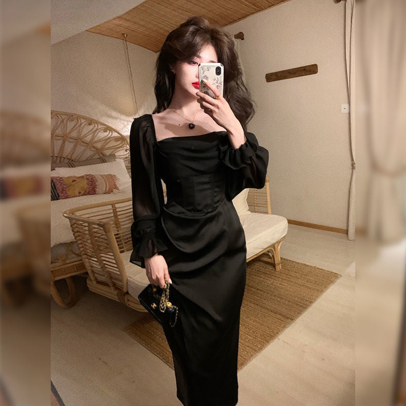 maoxiangshop Autumn Solid Elegant Fairy Dresses Women Casual Party Fashion Korean One Piece Dress Female Lace Vintage Chic Midi Dresses