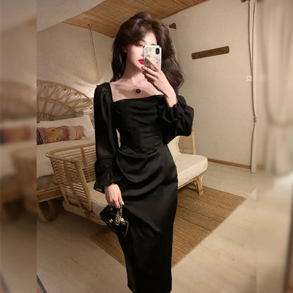 Autumn Solid Elegant Fairy Dresses Women Casual Party Fashion Korean One Piece Dress Female Lace Vintage Chic Midi Dresses