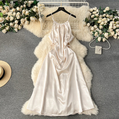 maoxiangshop-Chic Sexy Elegant Slip Satin Dress A-line Backless Bandage Birthday Evening Party Summer Beach Vacation Vestidos Women Sundress