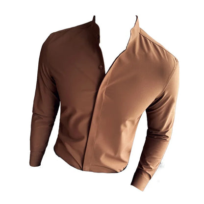 maoxiangshop Camisas De Hombre Stand Collar Luxury Shirts For Men Quality Camisa Masculina Stretch Slim Fit Mens Dress Shirts Formal Clothes