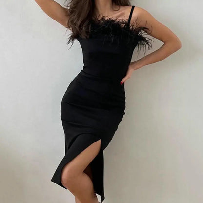 maoxiangshop Off Shoulder Backless Feather Stitching Collar High-Waist Hip Wrap Party Dress Women Sling Side Split Hem Bodycone Midi Dress