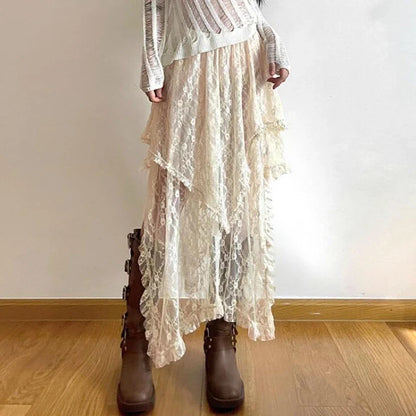 Asymmetrical Lace Skirts Women Summer Clothing Soft 2000s Vintage Clothing Streetwear Y2k Trendy Korean Style Loose Ladies Party