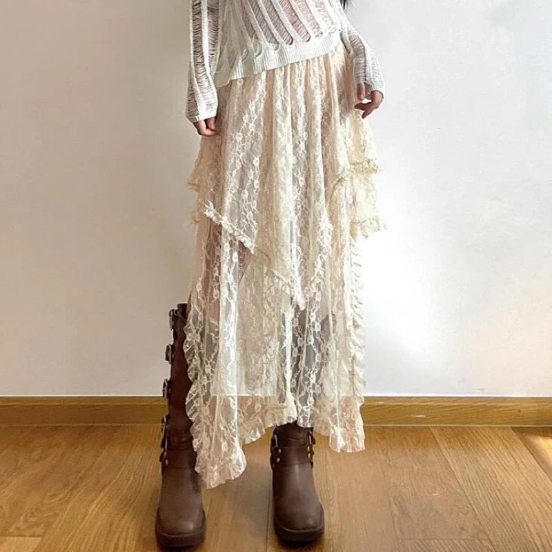 Asymmetrical Lace Skirts Women Summer Clothing Soft 2000s Vintage Clothing Streetwear Y2k Trendy Korean Style Loose Ladies Party