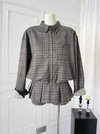 maoxiangshop  -  Sweet College Style Suit for Women, Plaid Loose Zipper Jacket, High Waist A-line Skirt, 2-Piece Set, Female Clothes, Autumn