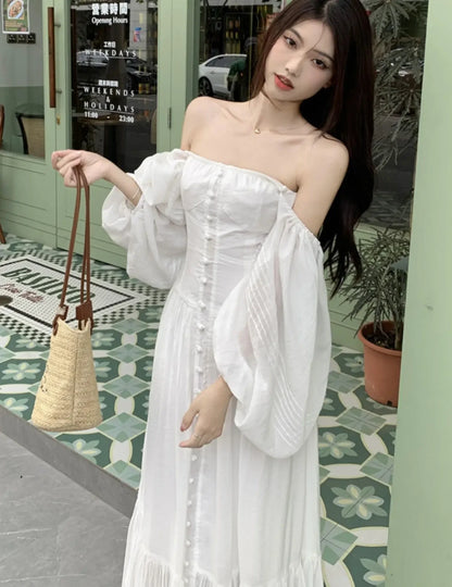 Women Vintage Square Collar White Dress for Autumn New Single Breasted Lantern Sleeved Robe France Elegant Party Vestidos