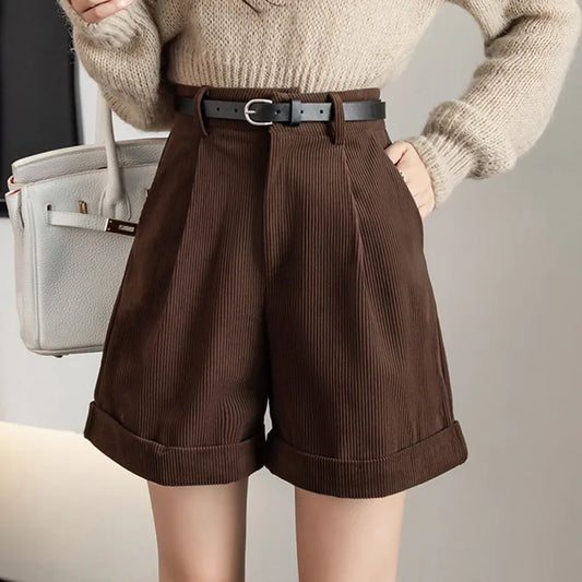 maoxiangshop Women High Waist Corduroy Shorts With Belt Wide Leg Cuffed Cord Shorts Vintage Outfit