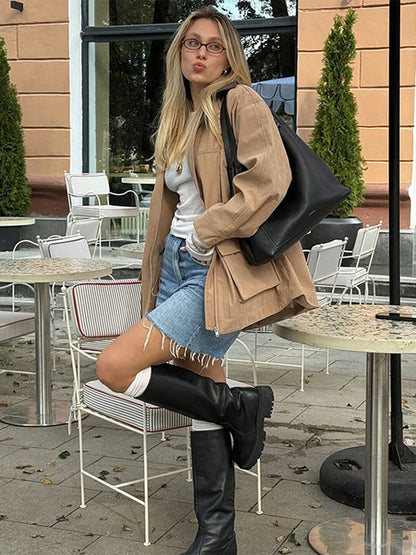 maoxiangshop  -  Casual Leather Lapel Jackets Women Vintage Khaki Zipper Pockets Jacket Coat Female Autumn Winter Chic High Street Outwear