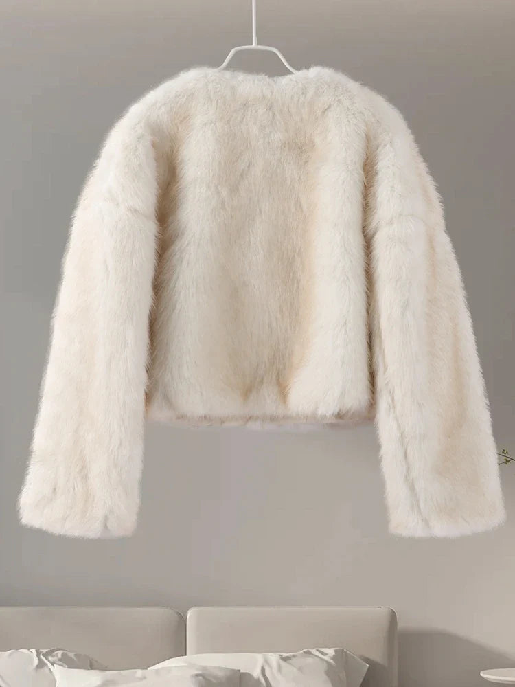 maoxiangshop  -  Short Faux Fur Coats Women Plush Autumn Winter O-neck Open Stitch Loose Women's Coat Long Sleeve Casual Jacket Female Streetwear