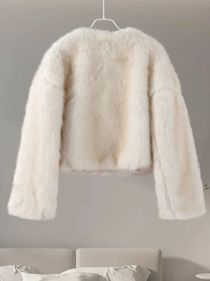 maoxiangshop  -  Short Faux Fur Coats Women Plush Autumn Winter O-neck Open Stitch Loose Women's Coat Long Sleeve Casual Jacket Female Streetwear