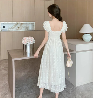 maoxiangshop French Sweet Midi Dresses for Women Summer New High-waisted Fly-sleeved Elegant Fashion Clothing Korean Casual Female Dress