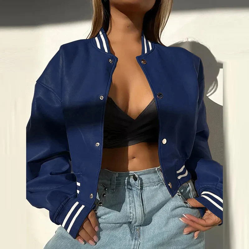 maoxiangshop  -  Y2K Motorcycle Girls PU Leather Outerwear 2024 Women Striped Baseball Single Breasted Jackets Fall Winter Long Sleeve Coats