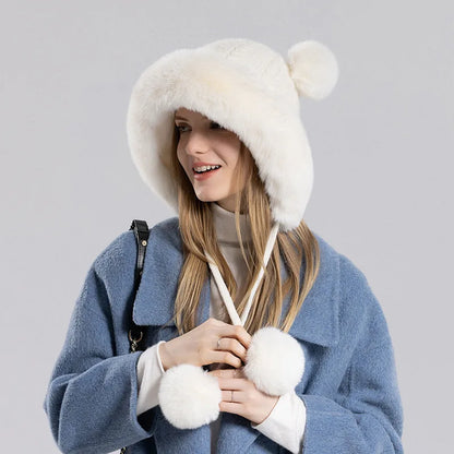maoxiangshop  -  Winter Pompoms Hat for Women Plush Lining Thickened Warm Knit Beanies Bonnet Outdoor Windproof Ear Protection Skiing Woolen Caps