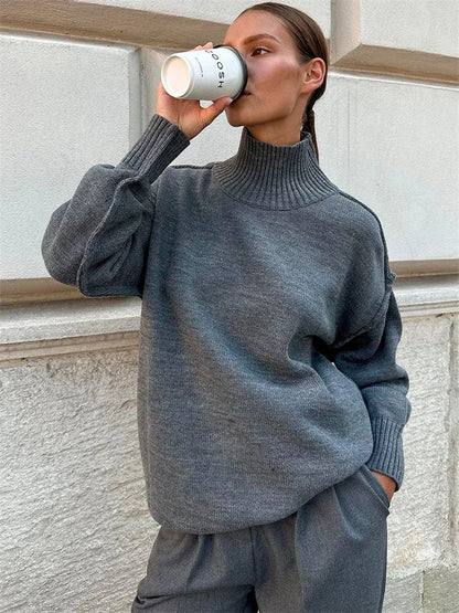 maoxiangshop  -  Winter Knit Turtleneck Pullover Female Clothes Loose Casual Ribbed Patchwork Long Sleeve Oversized Sweater Women Knitwear New