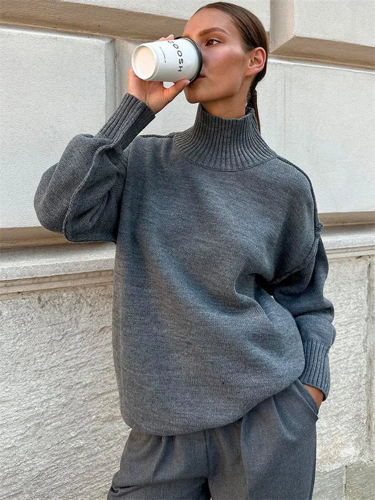 maoxiangshop  -  Winter Knit Turtleneck Pullover Female Clothes Loose Casual Ribbed Patchwork Long Sleeve Oversized Sweater Women Knitwear New