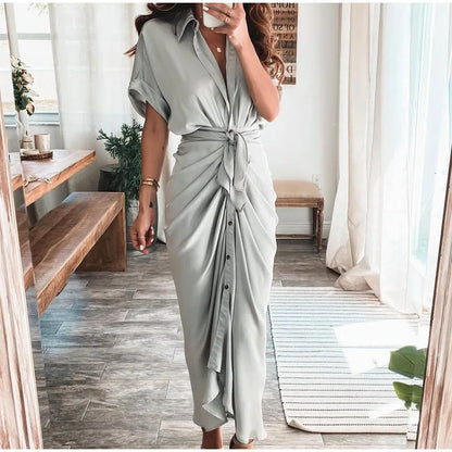 maoxiangshop Women Summer Elegant Button Ruched Bandage Shirt Dress Fashion Casual Short Sleeve Solid V Neck Beach Maxi Dress