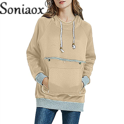 maoxiangshop Zipper Splice Loose Large Pockets Drawstring Hooded Sweatshirt Female Autumn Winter Warm Hoodie Women Thickened Long Sleeve Tops