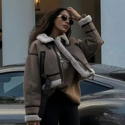 maoxiangshop  -  Women Warm Faux Shearling Jacket Coat Lapel Bomber Jacket with Belt Metal Zip Thick Jacket Winter Female Outerwear