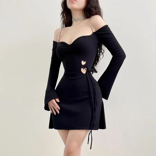 maoxiangshop-lack Autumn Sexy Women's Dress Lace-up Long Sleeves Backless Off Shoulder Casual Dress Party Elegant Hollow Out A-LINE Dresses