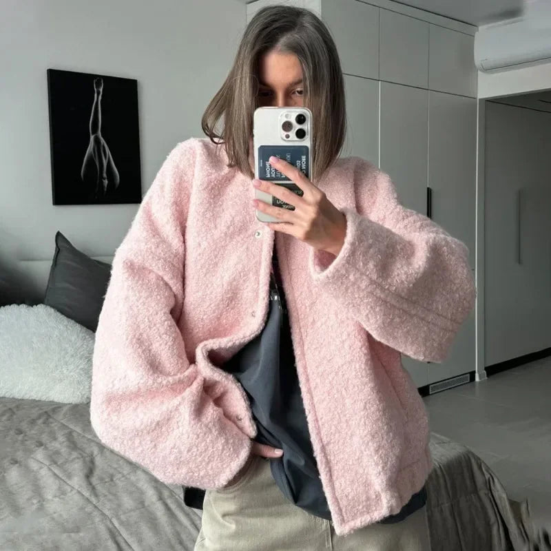 maoxiangshop  -  Women's Pink Short Fur Jacket Autumn Loose Fashion Long Sleeve Jacket Top Casual Stand Collar Pocket Button Warm Jacket