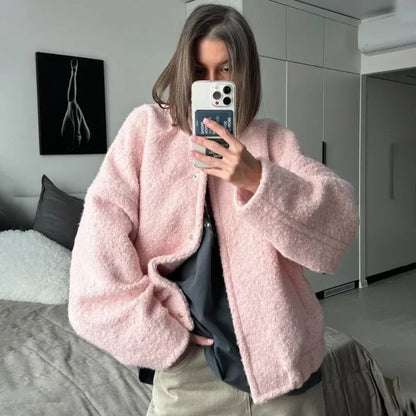 maoxiangshop  -  Women's Pink Short Fur Jacket Autumn Loose Fashion Long Sleeve Jacket Top Casual Stand Collar Pocket Button Warm Jacket