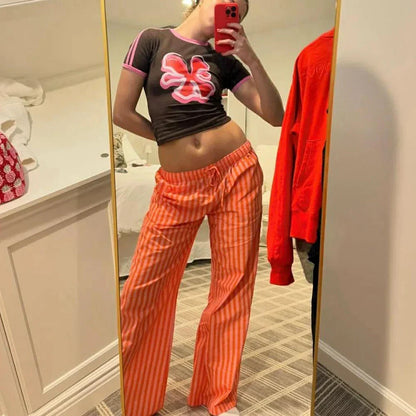 Women's Y2K Vintage Summer Baggy Long Pants Drawstring Elastic Low Waist Wide Leg Striped Trousers with 2 Pockets