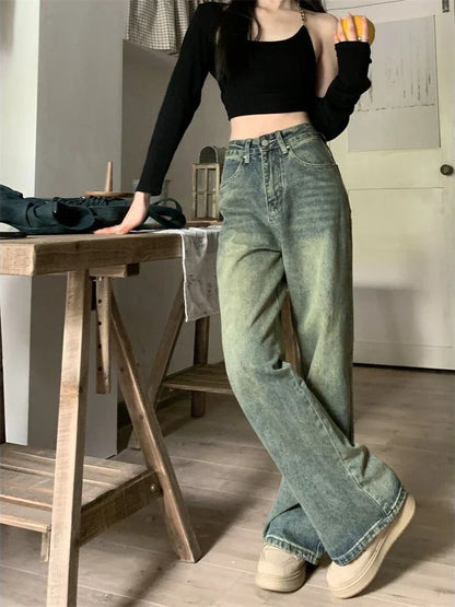 maoxiangshopY2k Baggy Wide Leg Jeans Women Vintage Streetwear Washed Denim Pants Grunge Basic Slouchy Blue Trousers Femme Spring